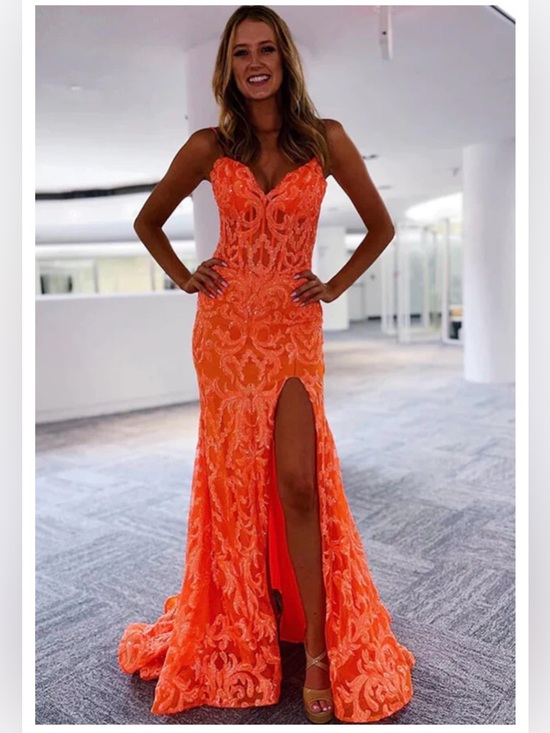 Dresses & Skirts - Orange beaded Lace Spaghetti Strap Prom Dress with Front Slit nwt size 6